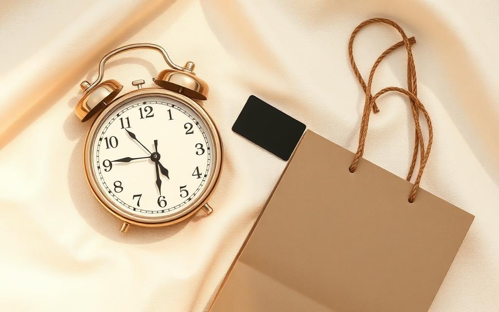 Vintage clock beside a shopping bag on a soft linen background.