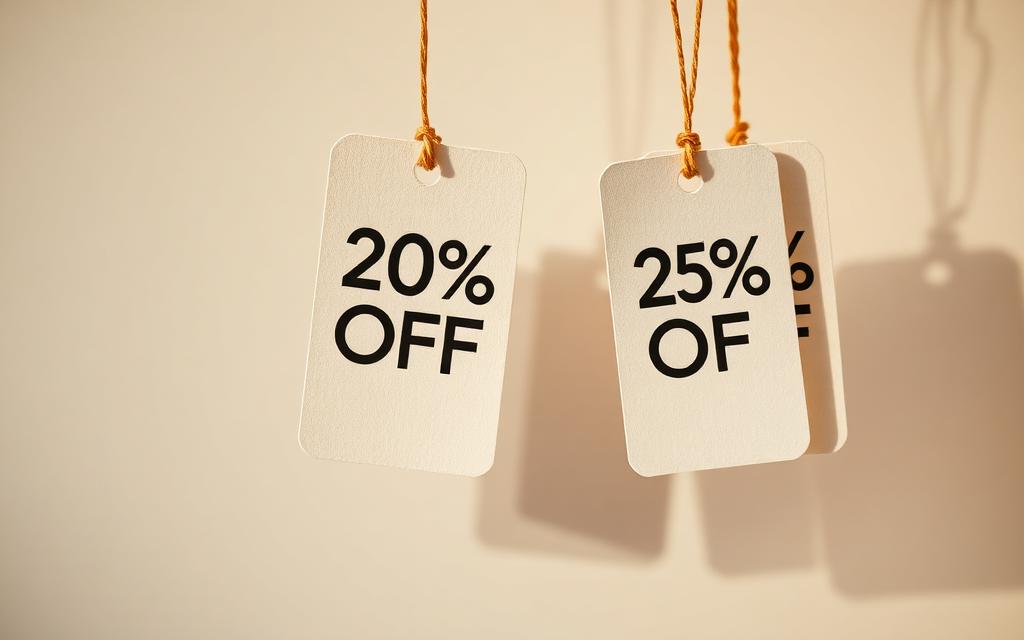 Price tags hanging against a soft neutral background.