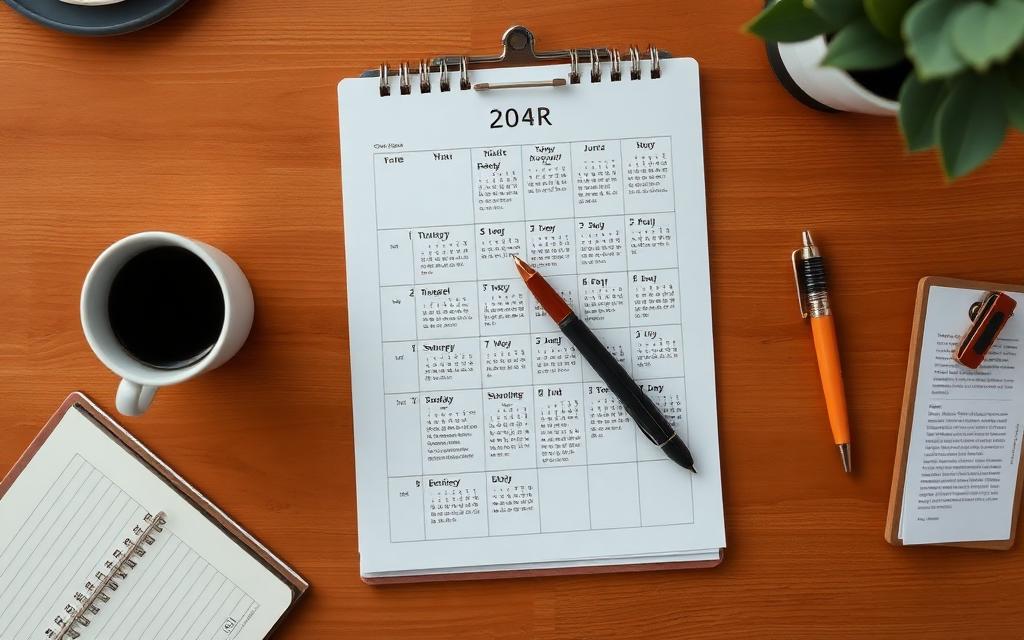 A monthly planner with marked dates next to a pen and coffee cup.