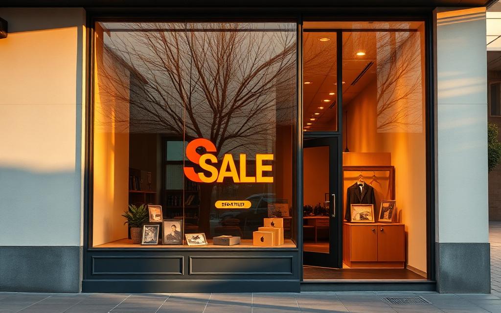A modern storefront with a sale window display at golden hour.