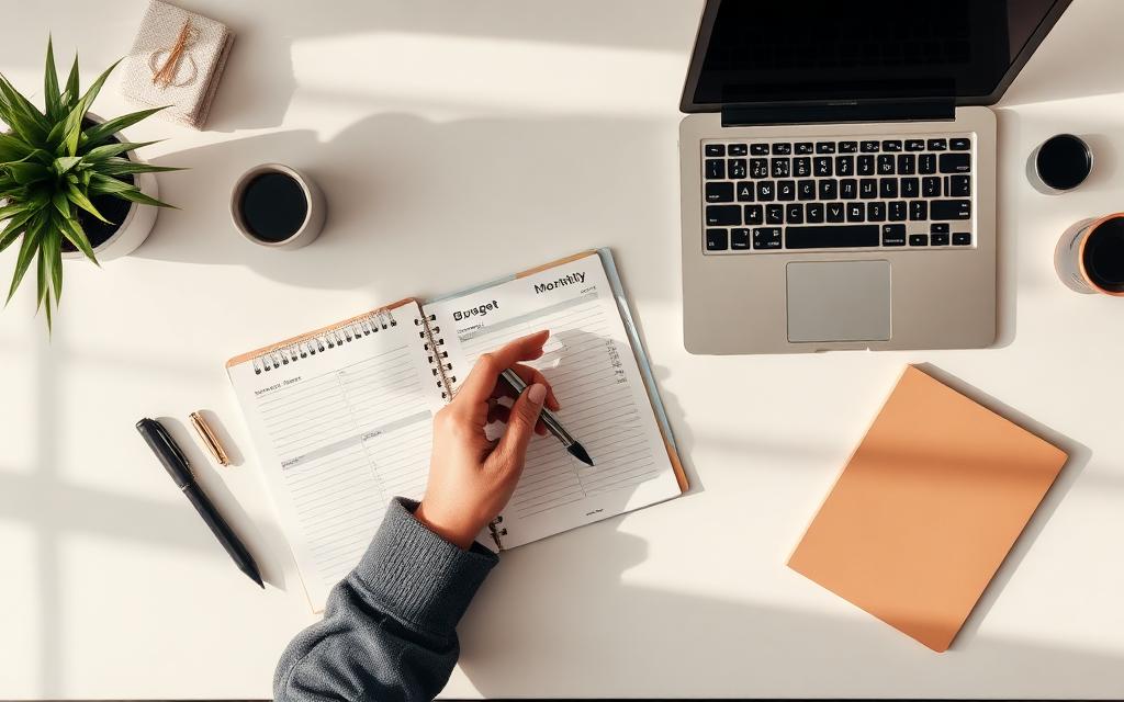Person planning a monthly budget at a clean modern desk.