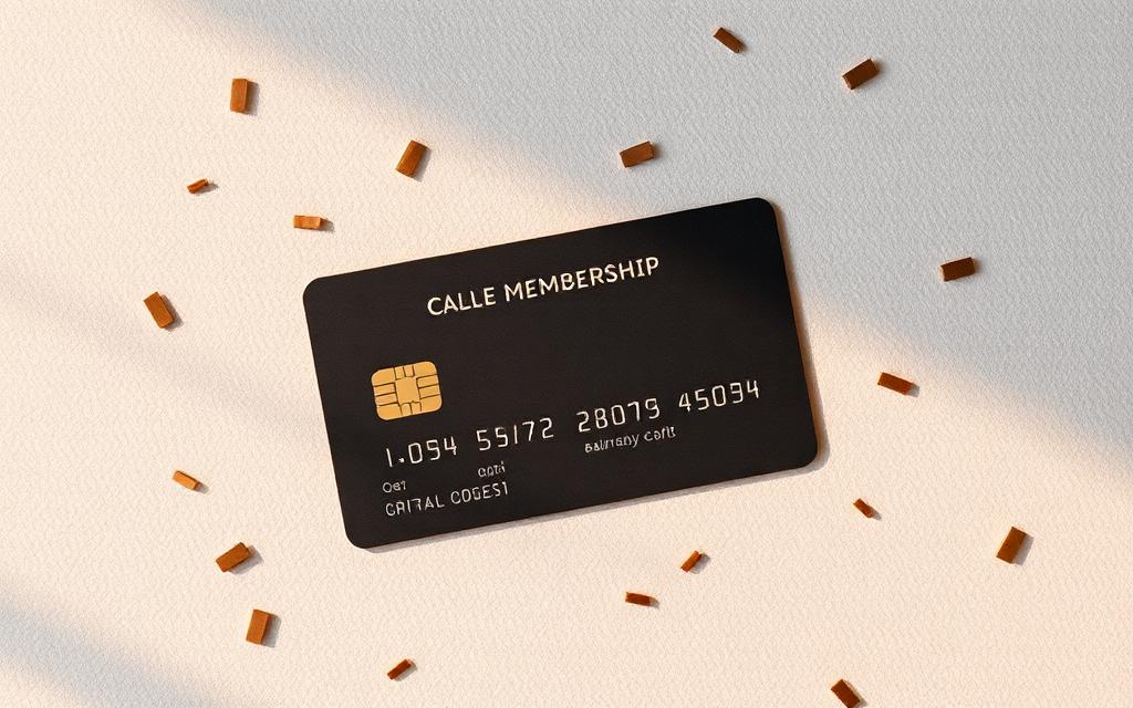 Elegant membership card on a textured background with soft confetti.